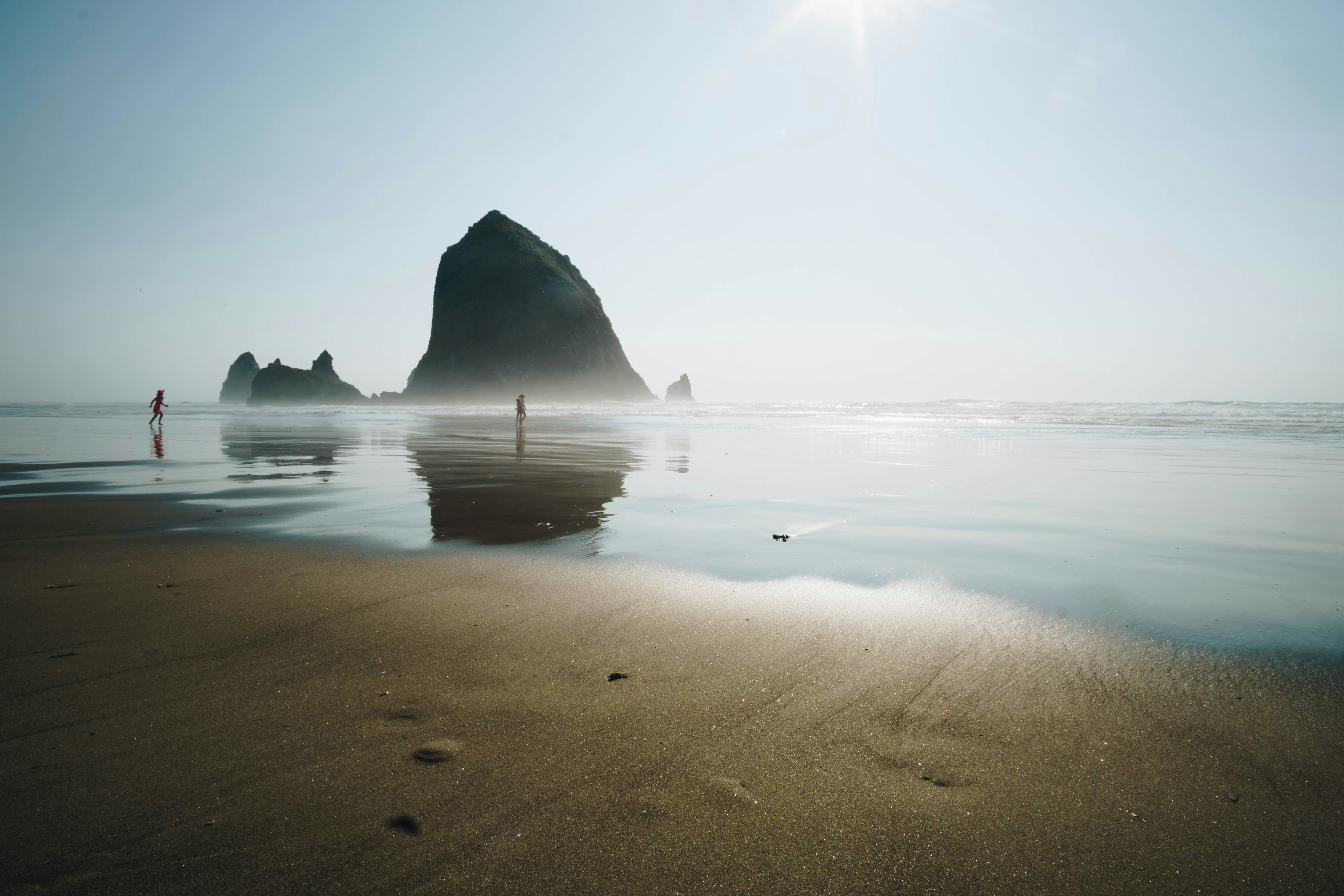 Haystack Rock on the Oregon Coast with misty atmospheric conditions
